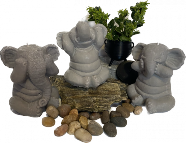 see, hear, speak no evil elephants pillar candles